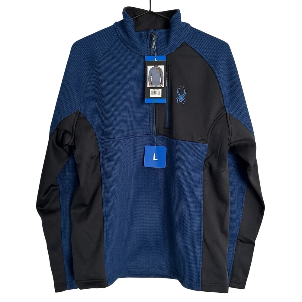 NWT Spyder Mens Blue Black Long Sleeve 1/4 Zip Mock Neck Pullover Sweater Size L